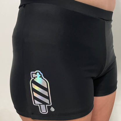 Female - Black neoprene lycra shorts with scuba tank hologram logo