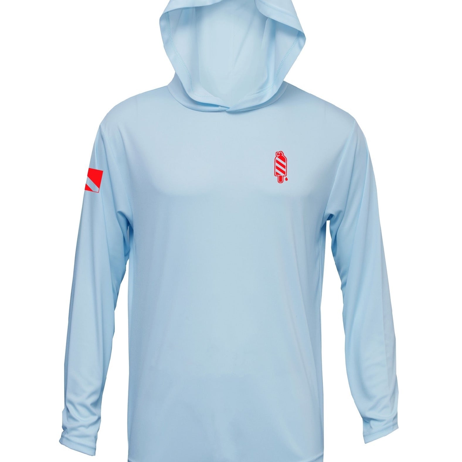 Blue Sweetwater shirt with hood (front)
