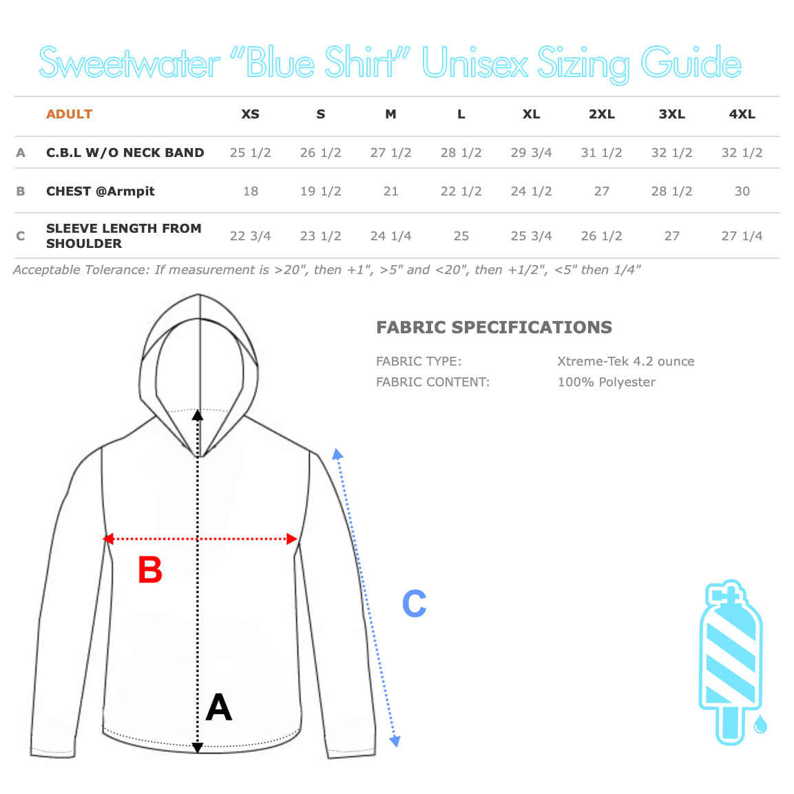 Sizing chart for Sweetwater Scuba blue shirt